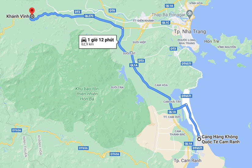 Từ sân bay Cam Ranh đi Khánh Vĩnh chỉ khoảng 63 kilomet